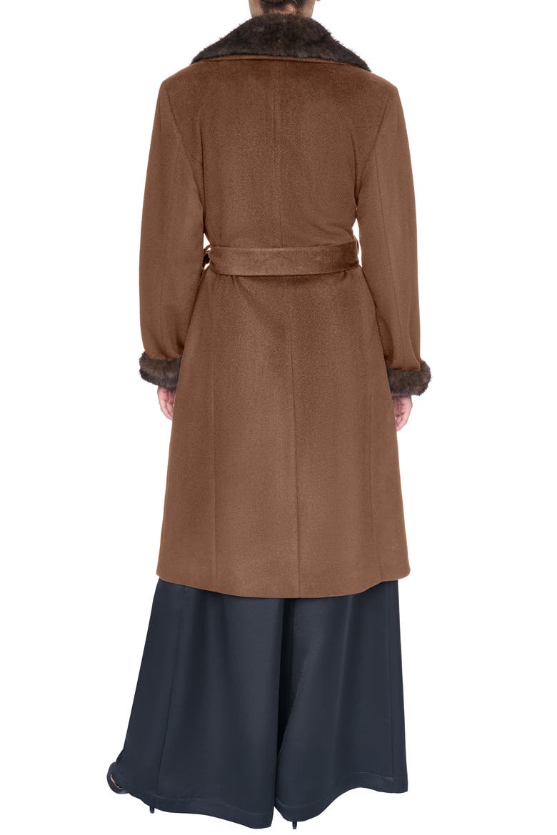 Belted Wool Blend Coat with Faux Fur Trim, Alternate, color, VICUNA