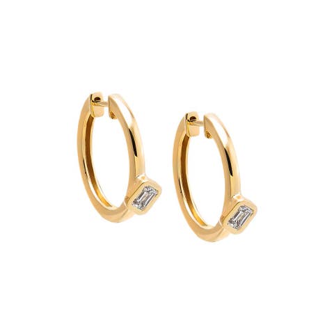 Lab Grown Diamond Emerald Sideway Accented Huggie Earring 14K