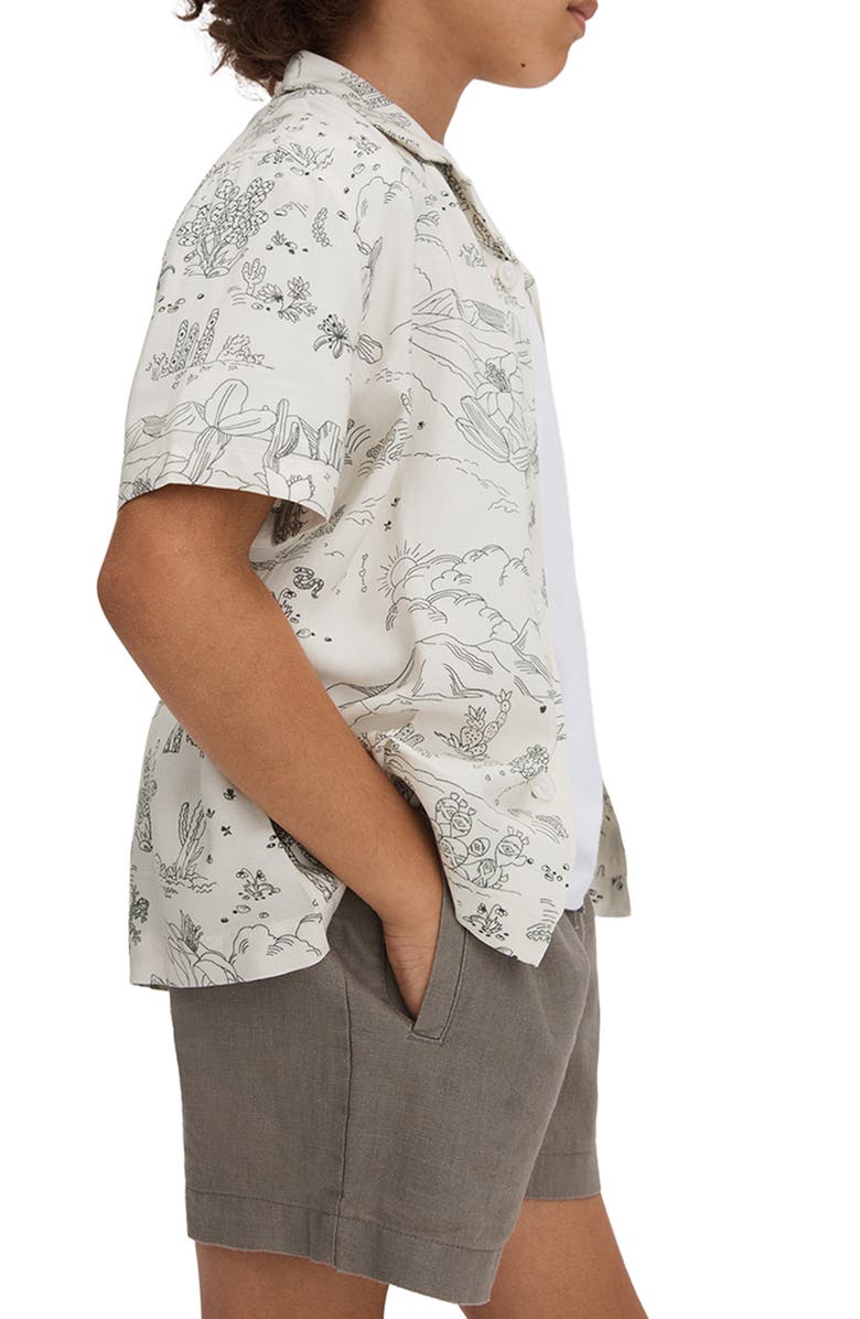 Reiss Kids' Gobi Sr. Cactus Print Short Sleeve Button-Up Shirt, Alternate, color, Ecru