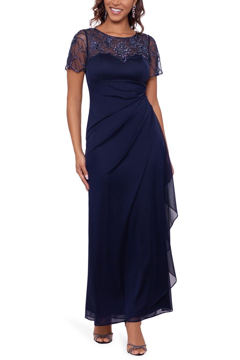 Xscape Beaded Short Sleeve Chiffon Gown, Main, color, NAVY