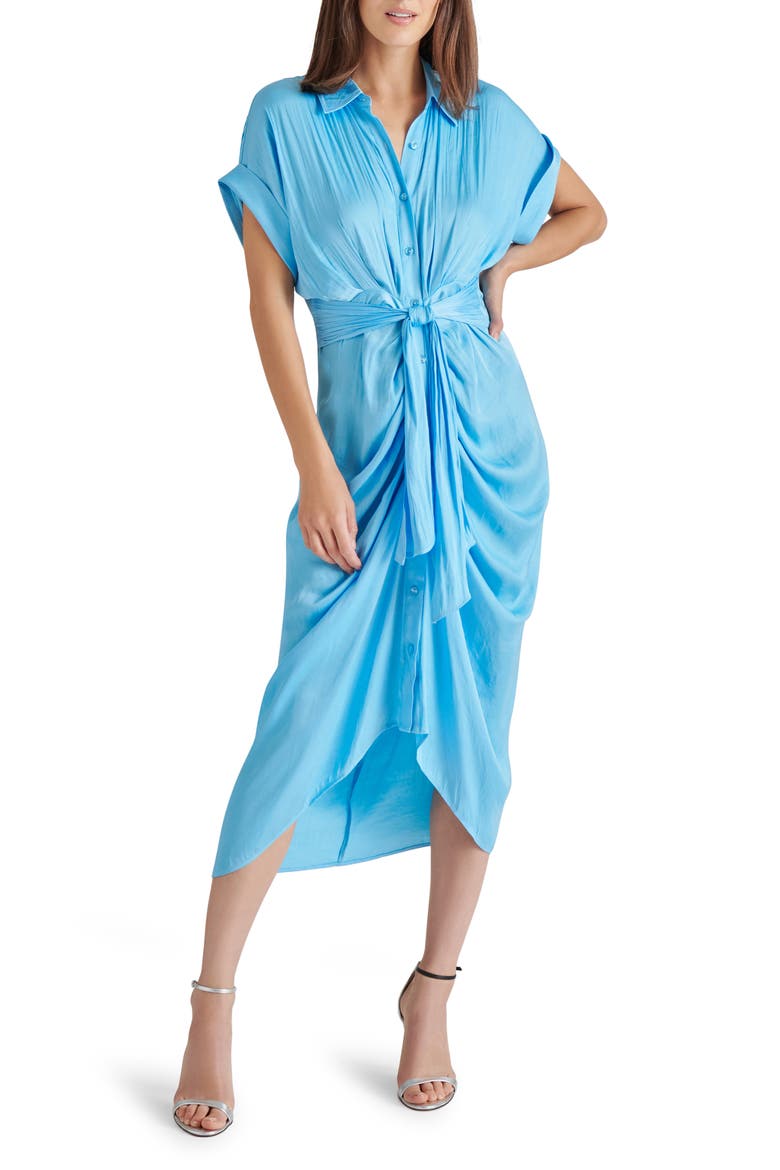 Tori Tie Waist Satin Midi Shirtdress, Main, color, INDIGO
