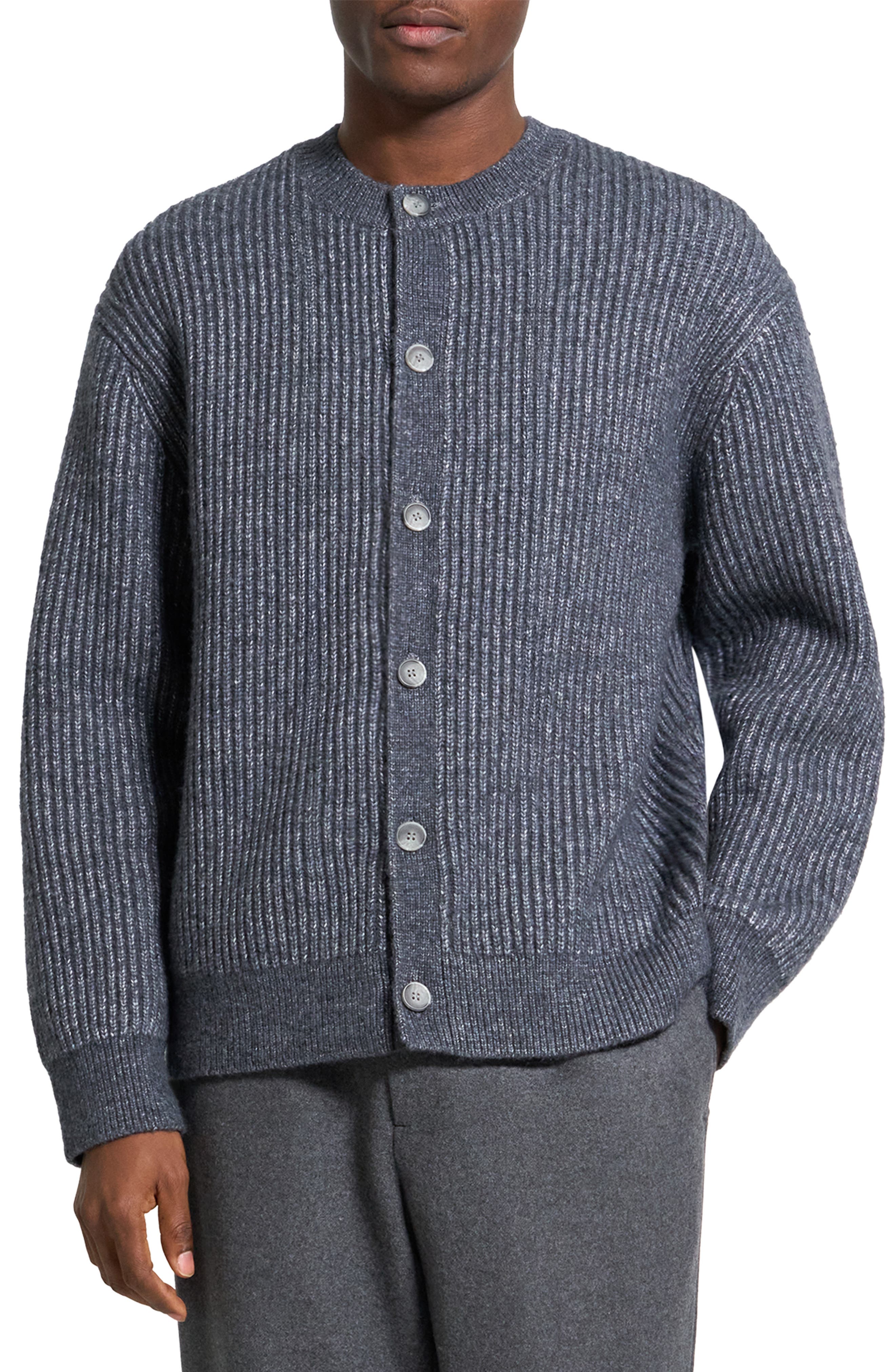 Theory Oversize Ribbed Wool & Cotton Crewneck Cardigan