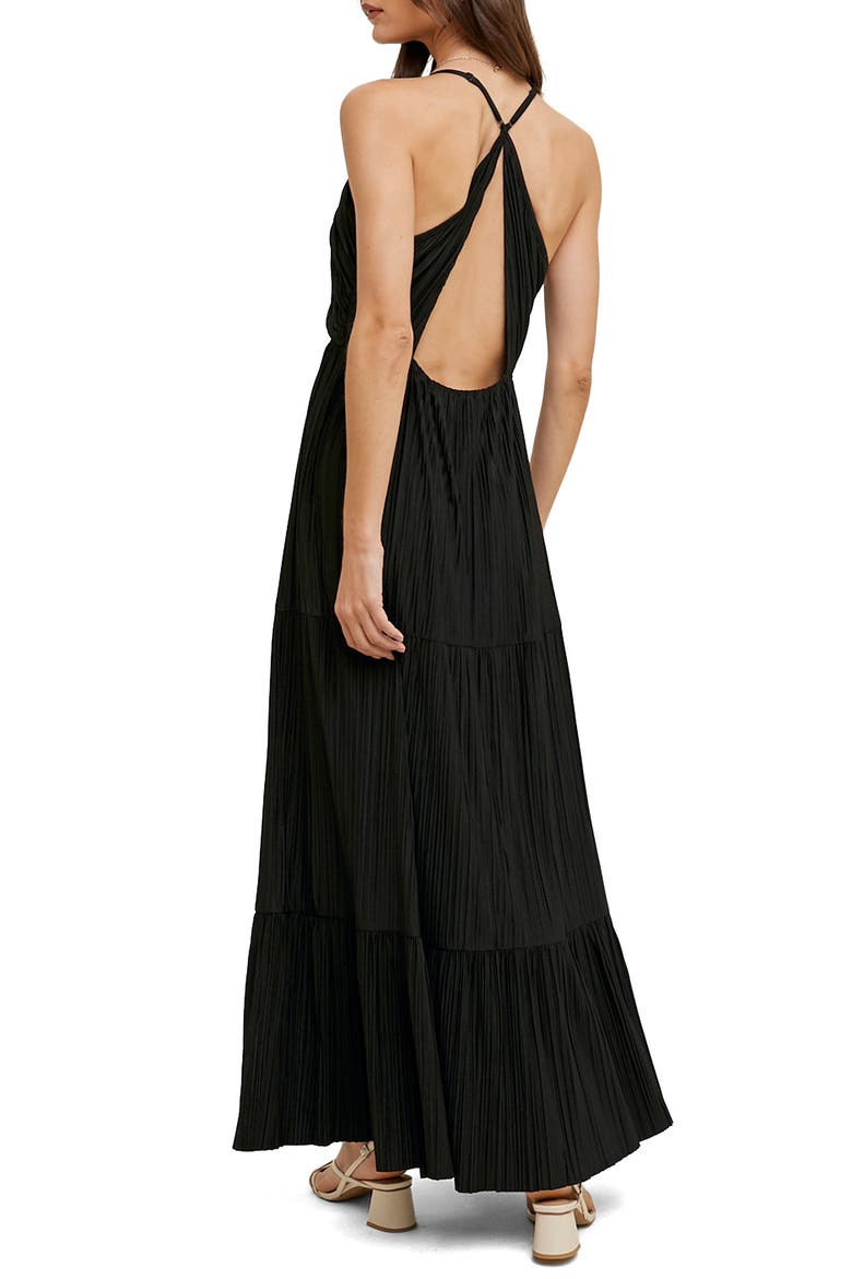 Pleated Satin Maxi Dress, Alternate, color, BLACK