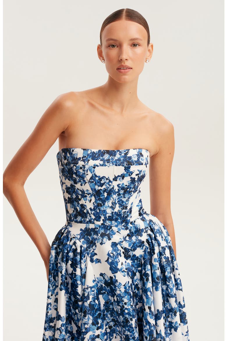 Blue Floral Strapless Maxi Evening Gown with Corset Bodice, Alternate, color, Blue