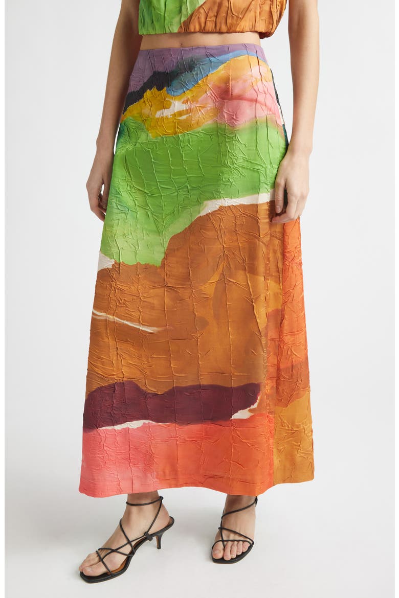 x Helen Frankenthaler Inez Crinkled Satin Pencil Skirt, Main, color, NATURE ABHORS A VACUUM
