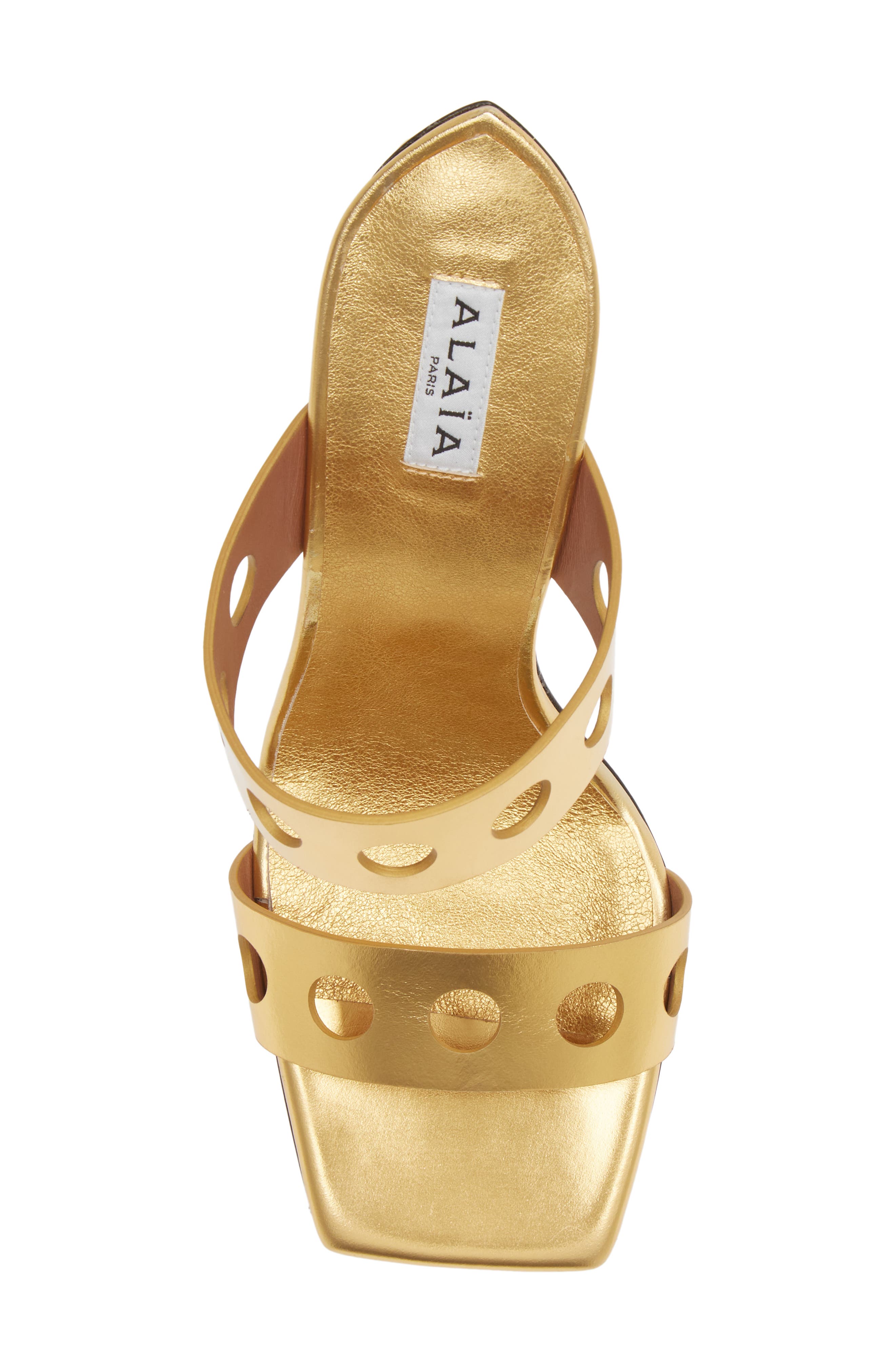 Alaïa Perforated Metallic Square Toe Sandal, Alternate, color, 