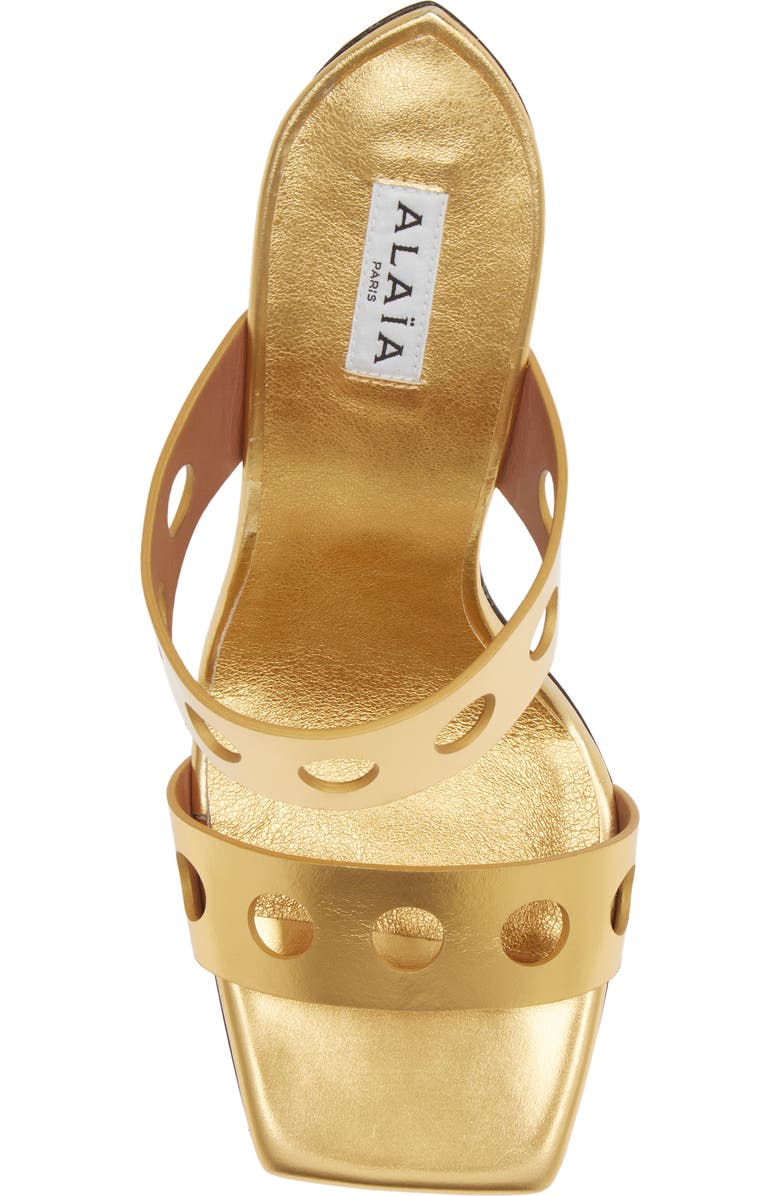 Alaïa Perforated Metallic Square Toe Sandal, Alternate, color,