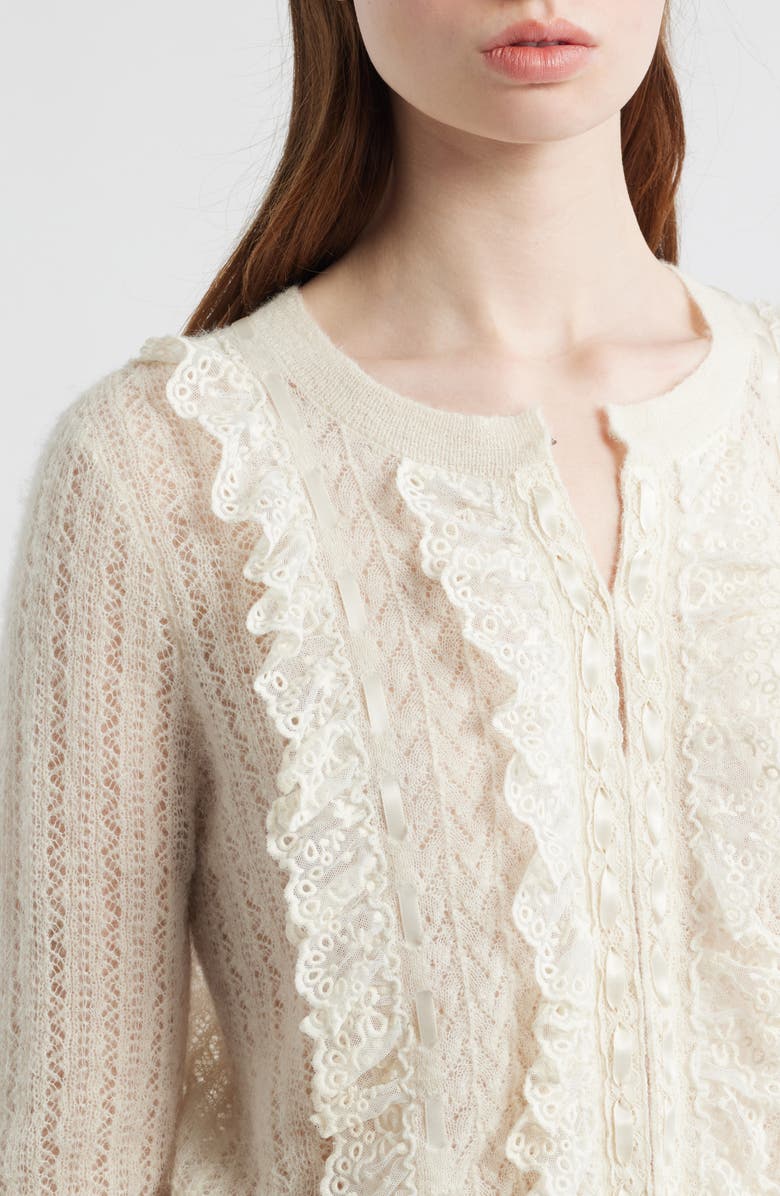 LoveShackFancy Melisse Lace Ruffle Alpaca & Wool Blend Cardigan, Alternate, color, Aspen White