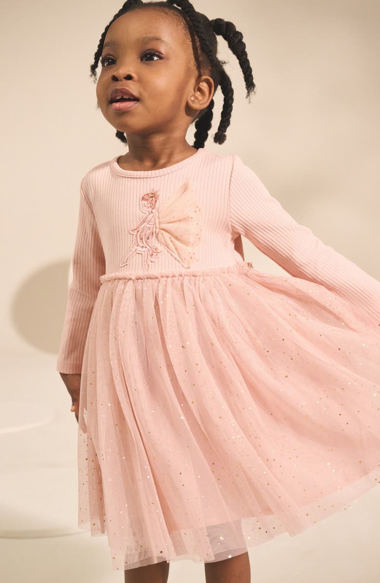 NEXT Kids' Mixed Media Fairy Appliqué Long Sleeve Tulle Party Dress, Alternate, color, Pink