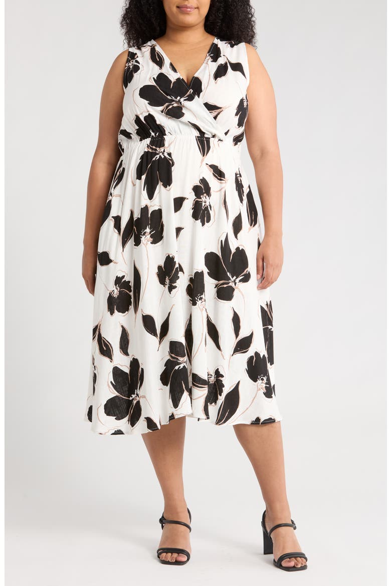 Floral Sleeveless Faux Wrap Midi Dress, Main, color, WHITE/ BLACK