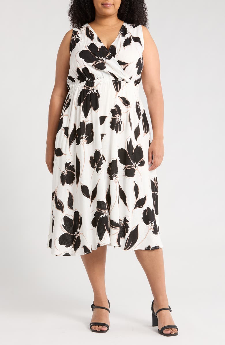 Renee C Floral Sleeveless Faux Wrap Midi Dress, Main, color, White/ Black