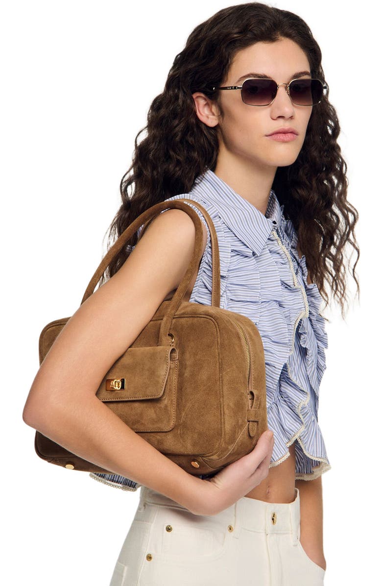 SANDRO Ezmeh suede bag, Alternate, color, Caramel