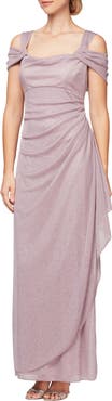 Alex Evenings Cold Shoulder Ruffle Glitter Chiffon Gown
