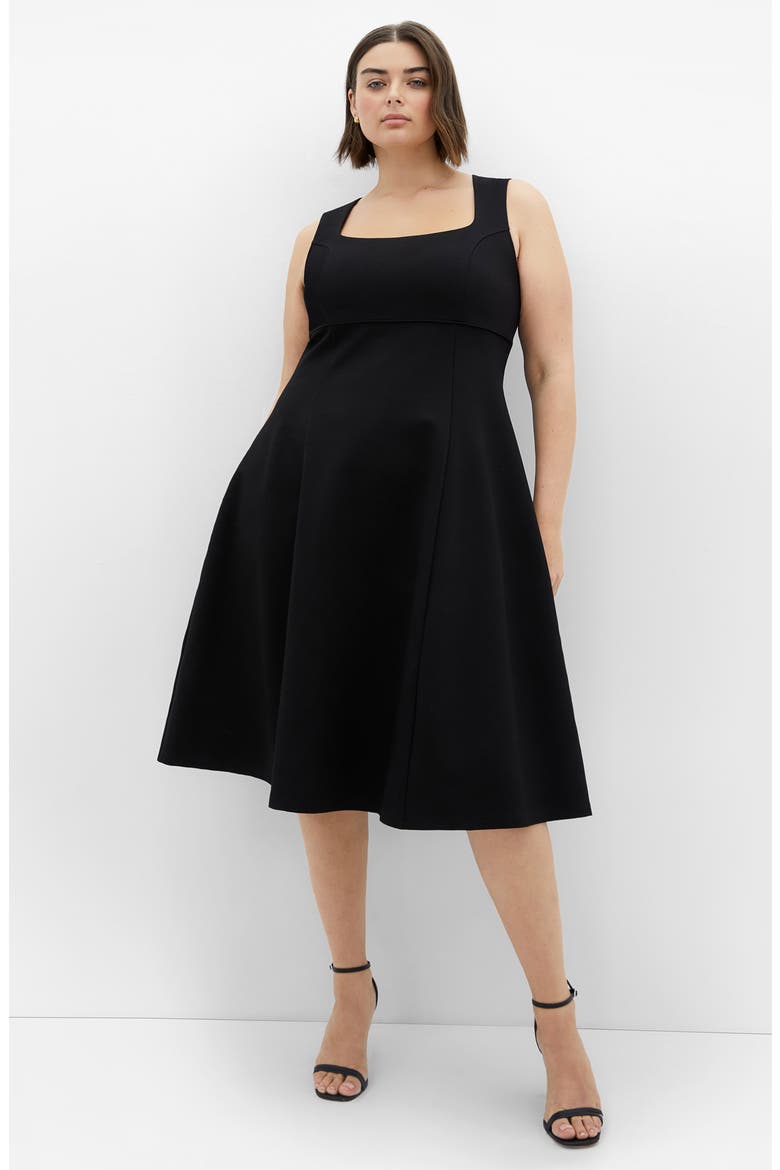 Maci Stretch Ponte Fit & Flare Midi Dress, Alternate, color, BLACK