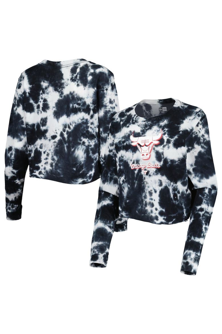 Women's New Era Black Chicago Bulls Tie Dye Cropped Long Sleeve T-Shirt, Main, color, Black