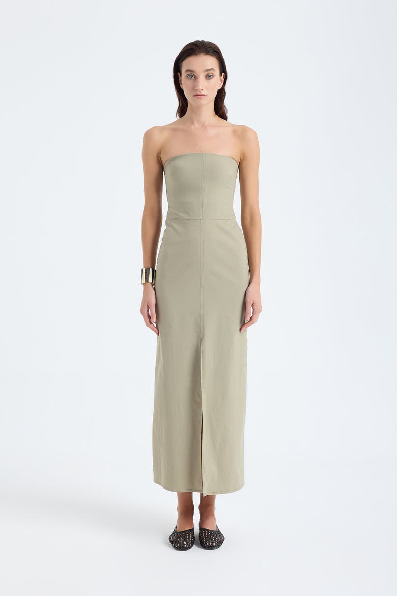 Akasha Strapless Cotton Blend Midi Dress with Front Slit, Alternate, color, Dusty Olive