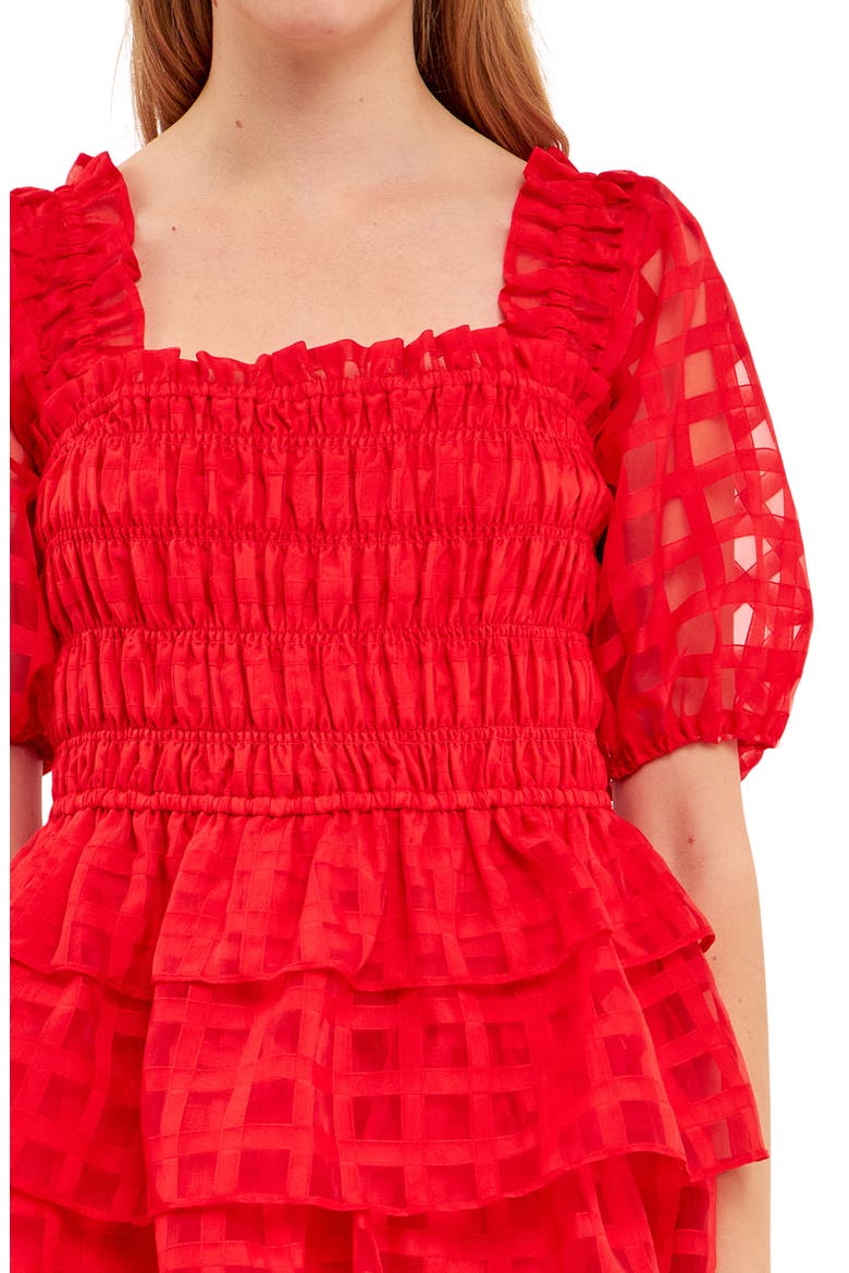 Grid Pattern Tiered Ruffle Dress, Alternate, color, RED