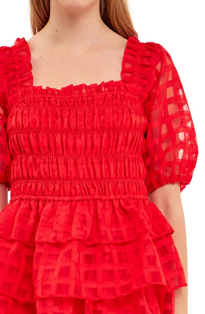 English Factory Grid Pattern Tiered Ruffle Dress, Alternate, color, Red