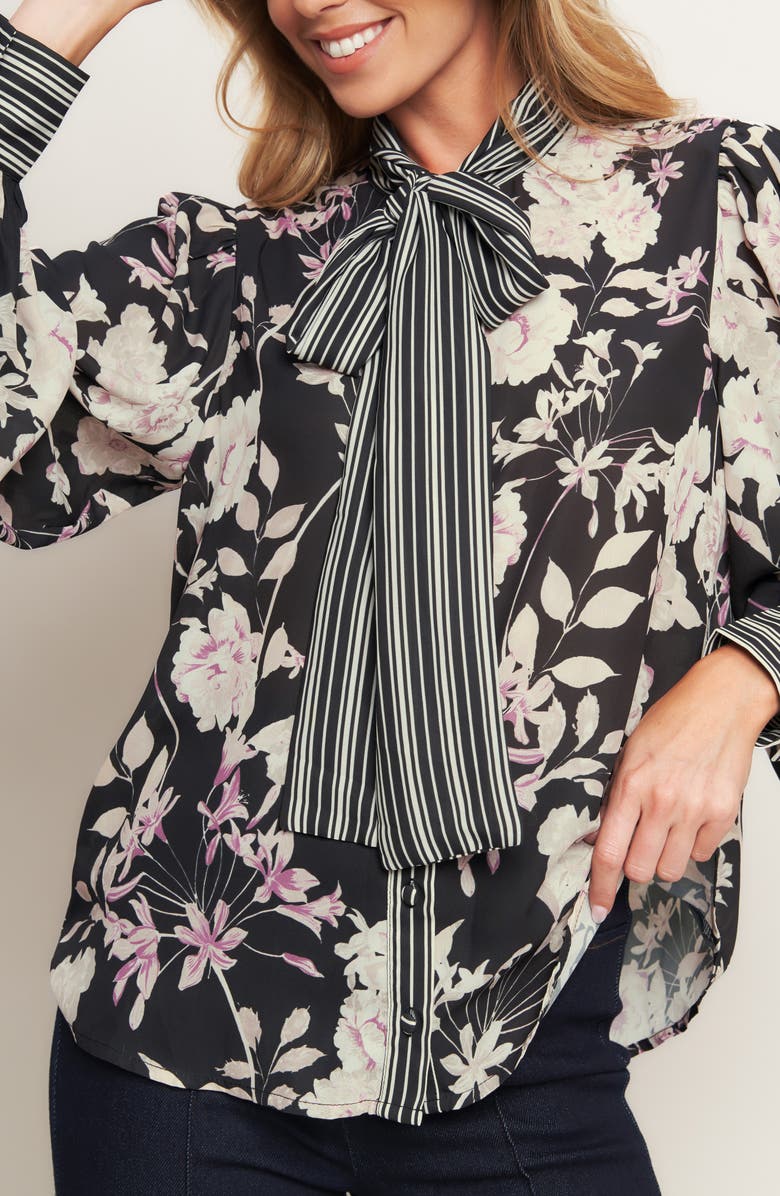 FLYING TOMATO Neck Tie Long Sleeve Woven Top, Alternate, color, Black