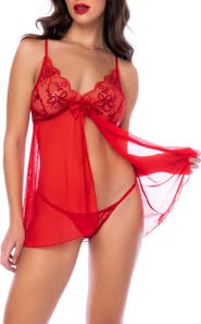 Mapale Sequin Mesh Babydoll Chemise & Thong Set