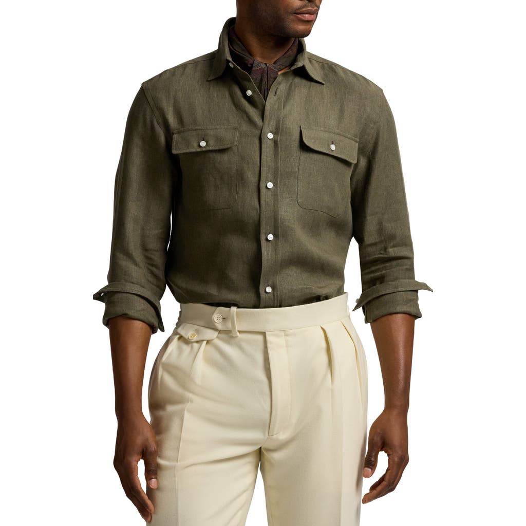 Ralph Lauren Purple Label Tailored Linen Button-up Shirt In Green