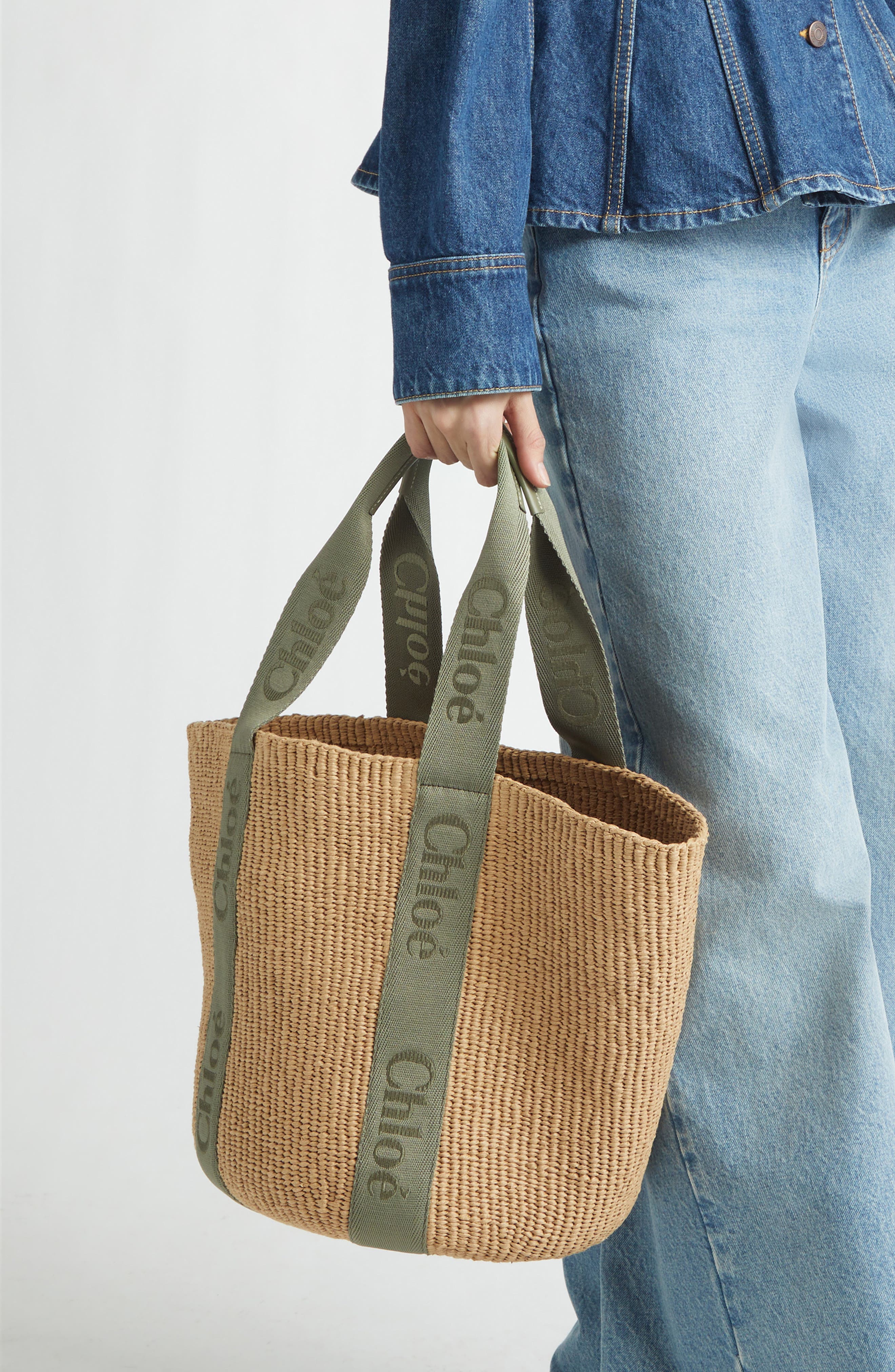 Chloé Large Woody Straw Basket Tote, Alternate, color, Aloe Green