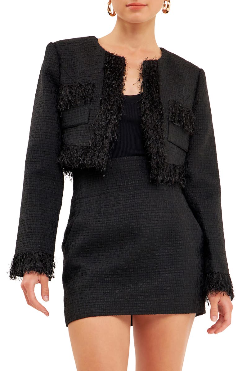 Endless Rose Feather Trim Tweed Crop Blazer, Main, color,