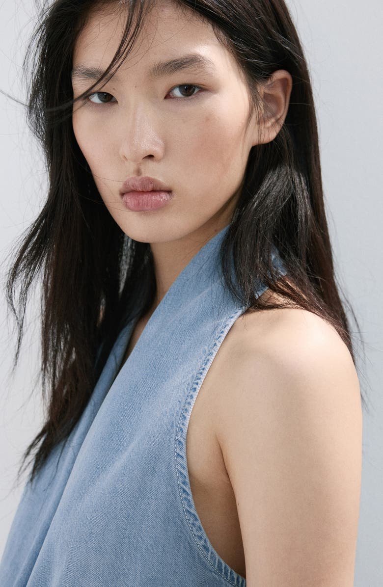 MANGO Drape Plunge Neck Top, Alternate, color, Light Blue