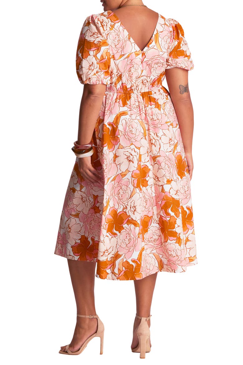 Amira Floral Print Puff Sleeve Midi Dress, Alternate, color, SUNSET
