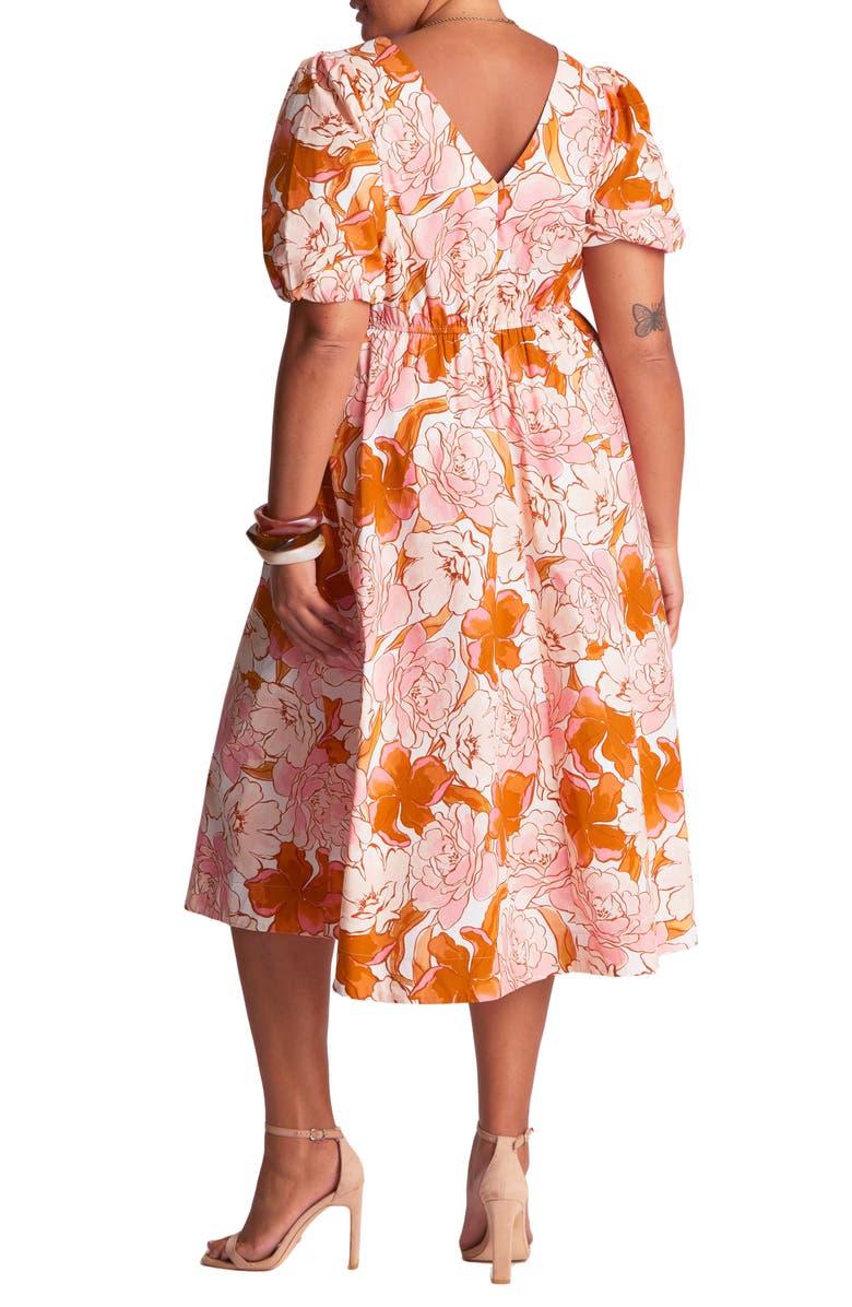 Estelle Amira Floral Print Puff Sleeve Midi Dress, Alternate, color, Sunset