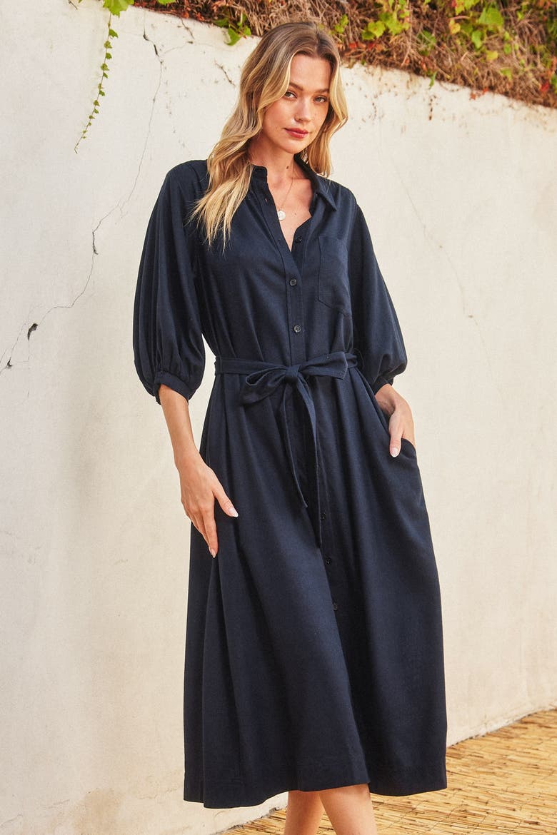 3/4 Bubble Sleeve Midi Shirt Dress, Alternate, color, Navy Blue