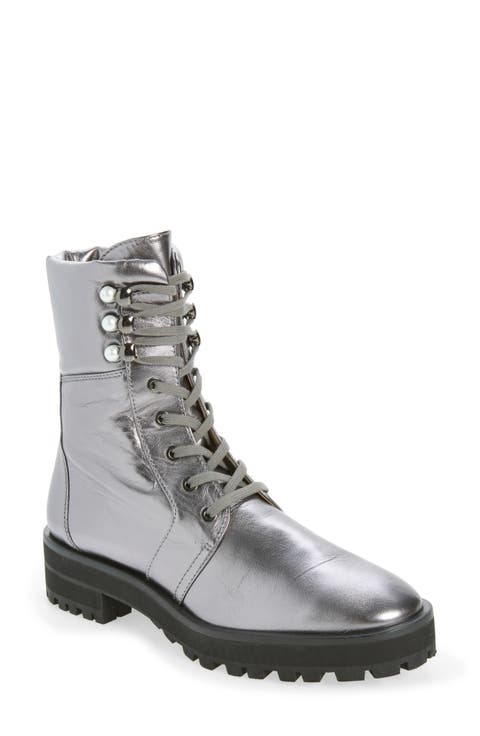 Pearly Lace-Up Lug Sole Bootie