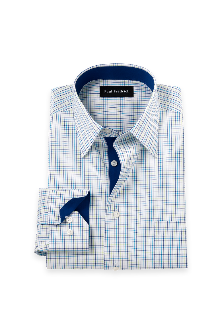 Cotton Spandex Point Collar Poplin Slim Contrast Trim Button Cuff Long Sleeve, Main, color, Blue Multi
