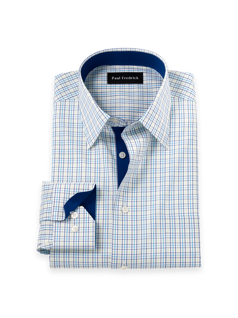 Cotton Spandex Point Collar Poplin Slim Contrast Trim Button Cuff Long Sleeve