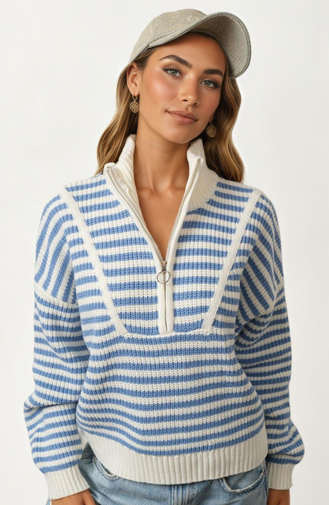 Striped Half Zip Knit Sweater