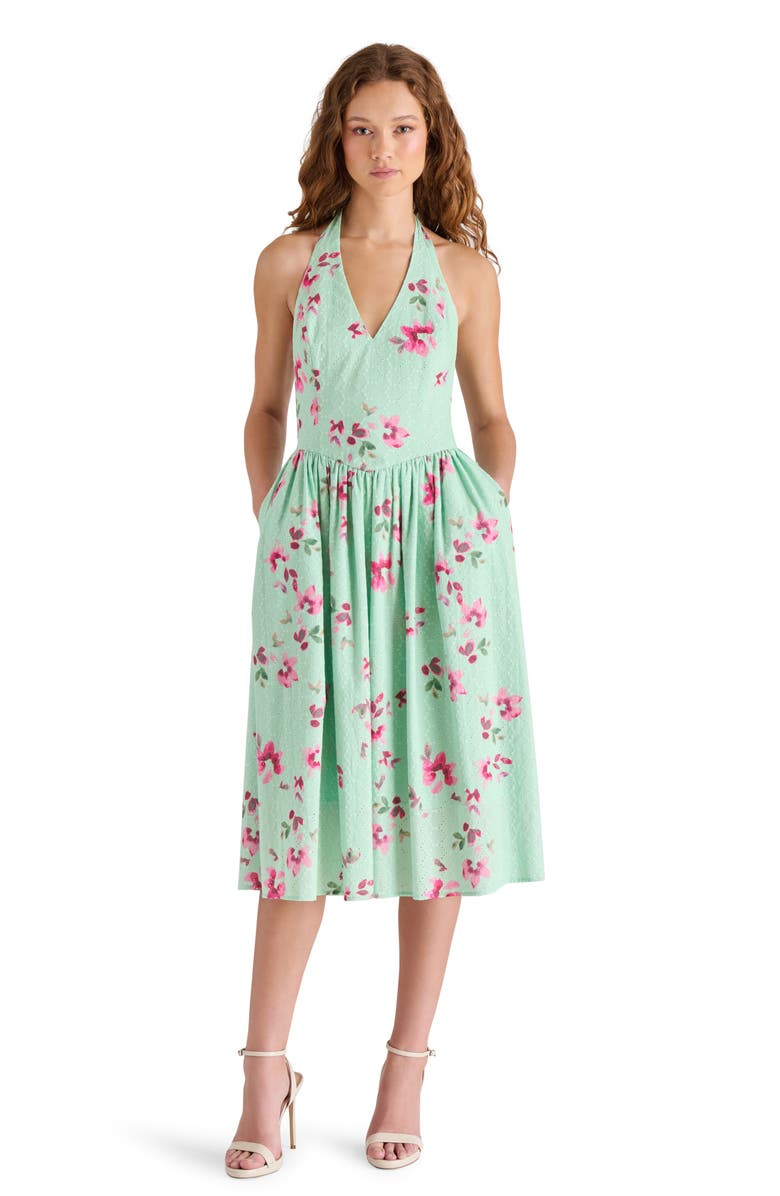 Steve Madden Ressi Floral Cotton Eyelet Halter Dress, Alternate, color, Mint