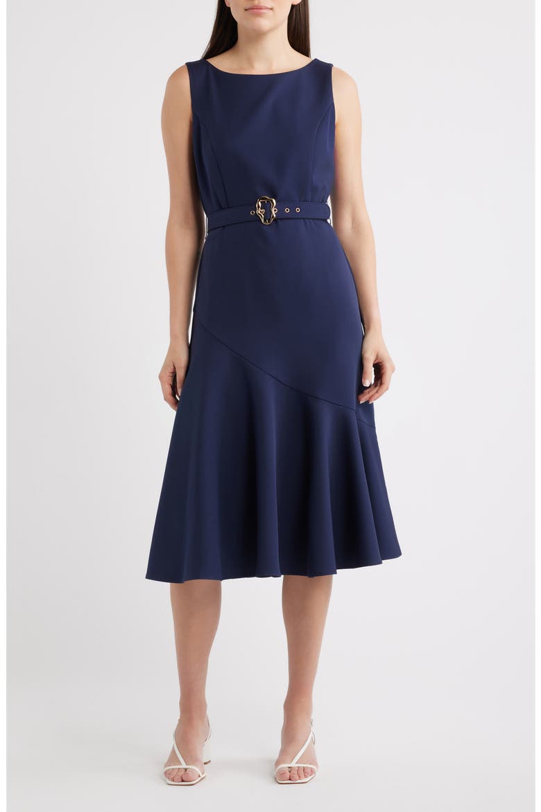 Belted Ruffle Hem Crepe Dress, Main, color, NAVY