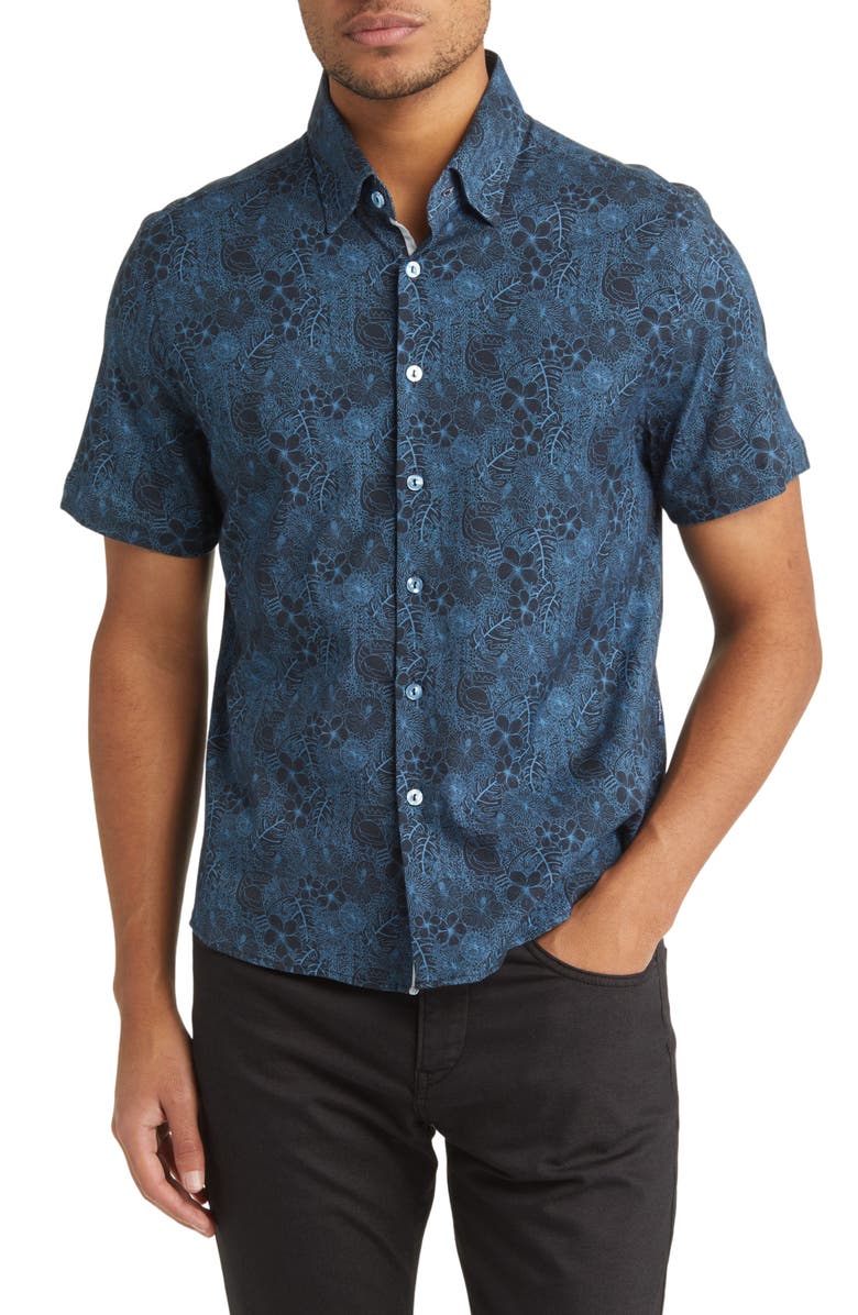 Stone Rose Jungle Print Short Sleeve Button-Up Shirt, Main, color, 