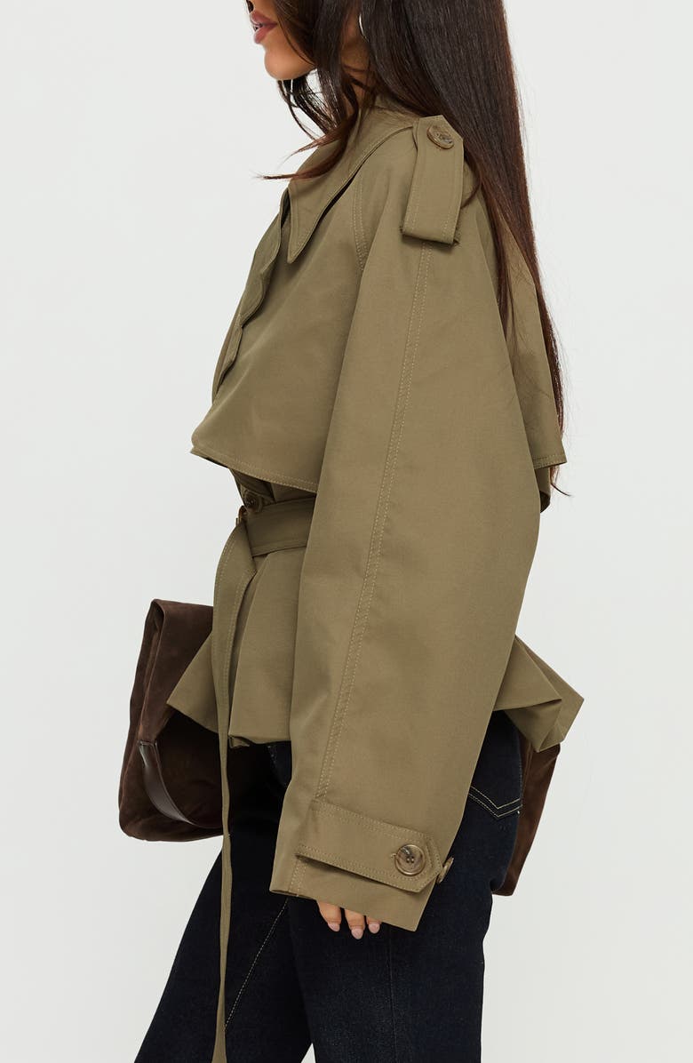 Princess Polly Eldora Double Breasted Belted Crop Trench Coat, Alternate, color, Green