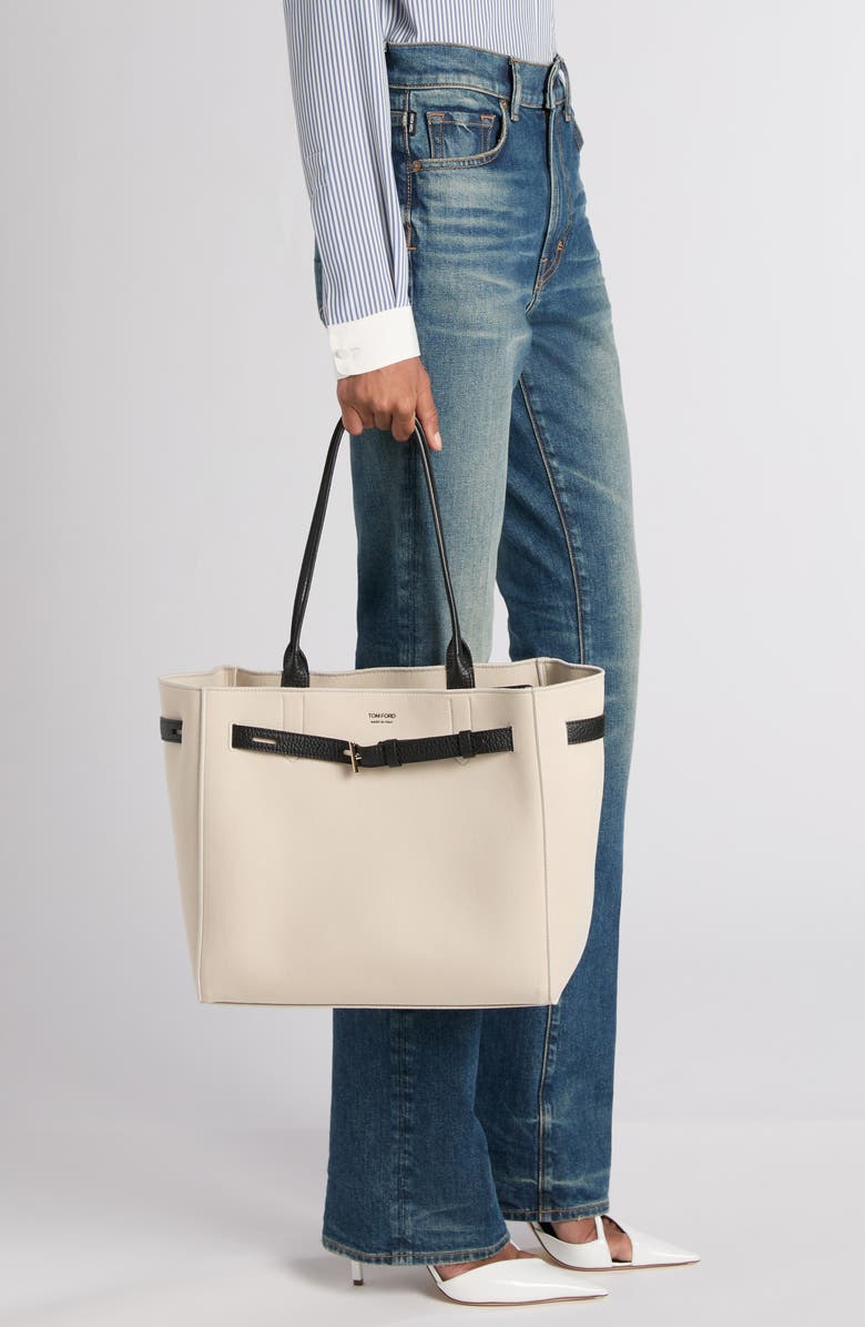 TOM FORD Medium Audrey Canvas Tote, Alternate, color, Ecru/ Black