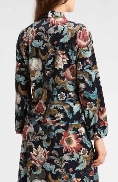 Floral Print Stretch Velvet Wrap Top