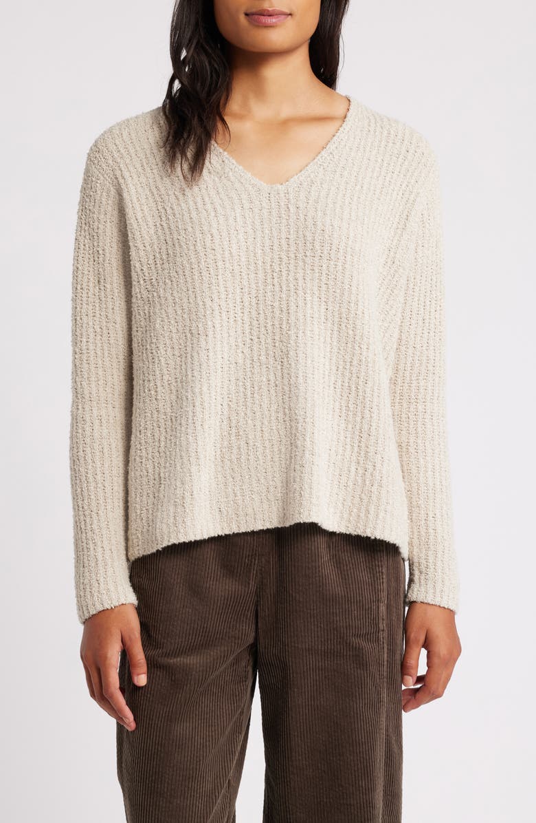 Eileen Fisher V-Neck Organic Cotton & Cashmere Blend Sweater, Main, color, Chalk