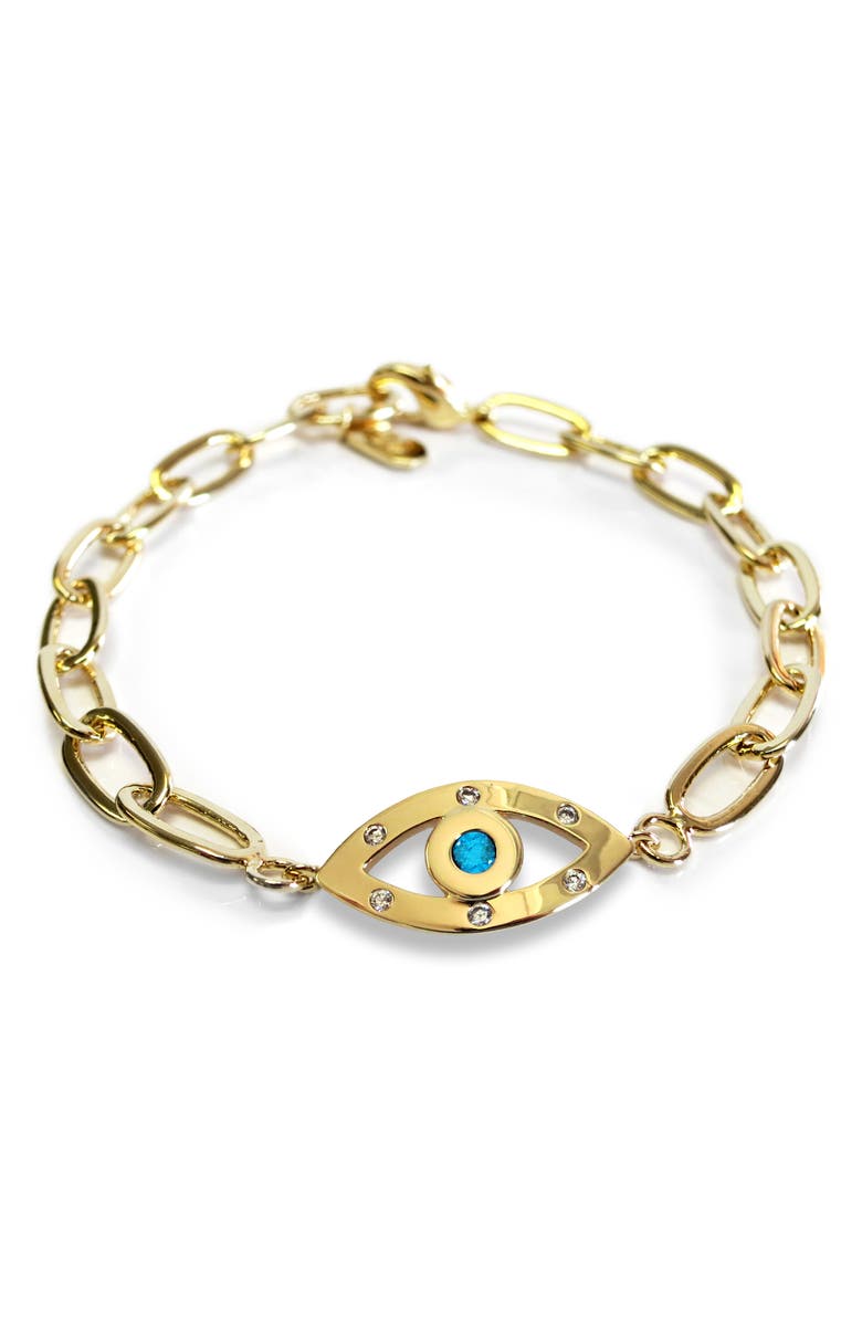 Liza Schwartz Cubic Zirconia Evil Eye Paper Clip Chain Bracelet, Main, color, Gold