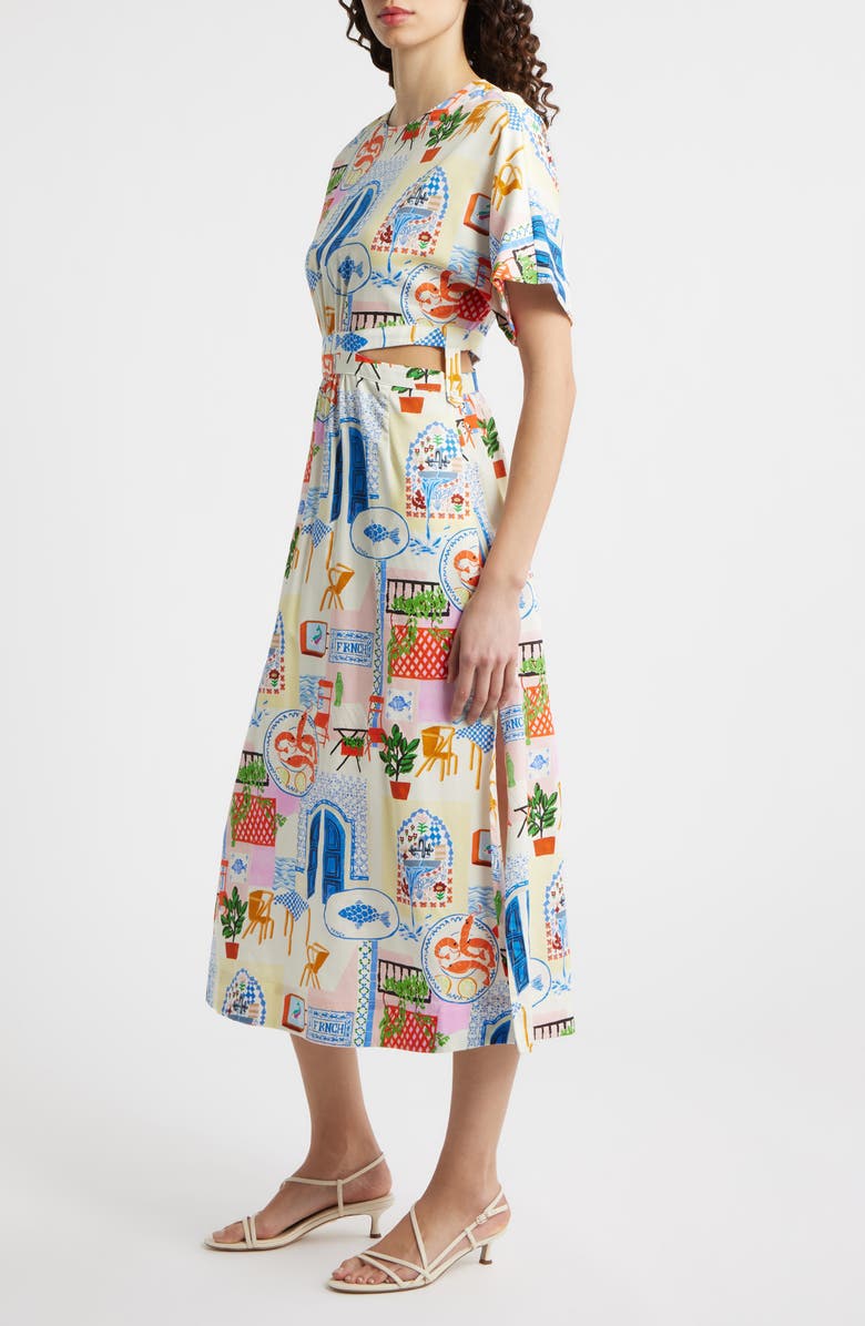 FRNCH Perle Print Cutout Midi Dress, Alternate, color, Bord De Leau