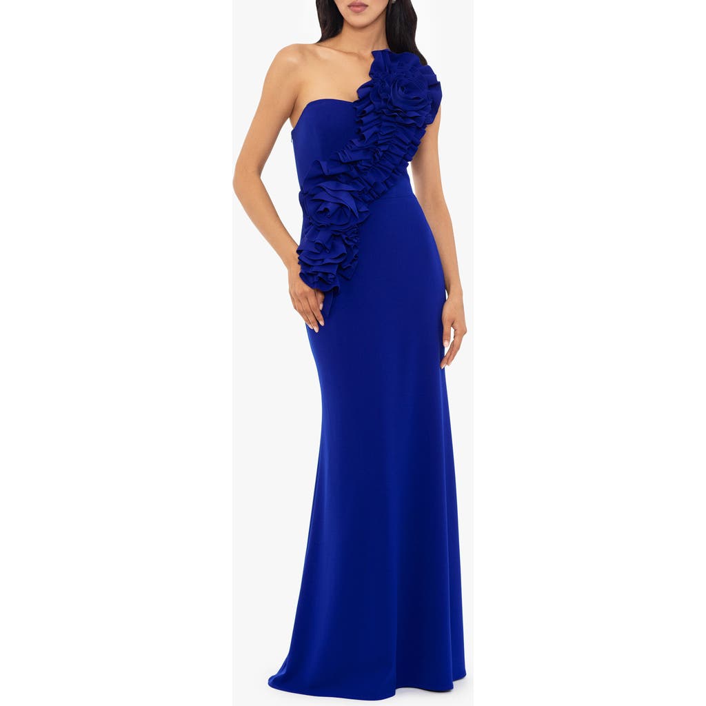 BETSY & ADAM BETSY & ADAM ROSETTE ONE-SHOULDER TRUMPET GOWN