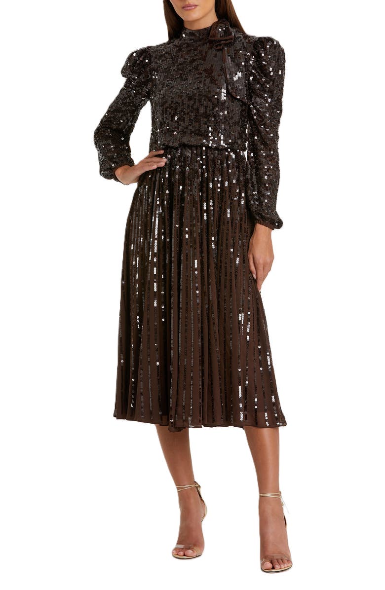 Mac Duggal Long Sleeve Tea Length Sequin Dress, Main, color, Dark Chocolate
