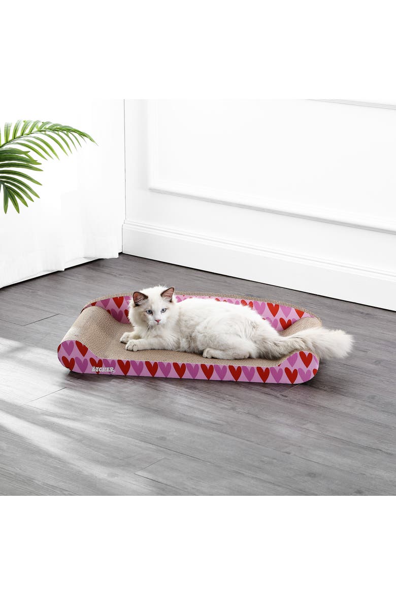 Montego Coastal Patterned Cardboard Lounge Bed Cat Scratcher with Catnip, Alternate, color, Pink/Red