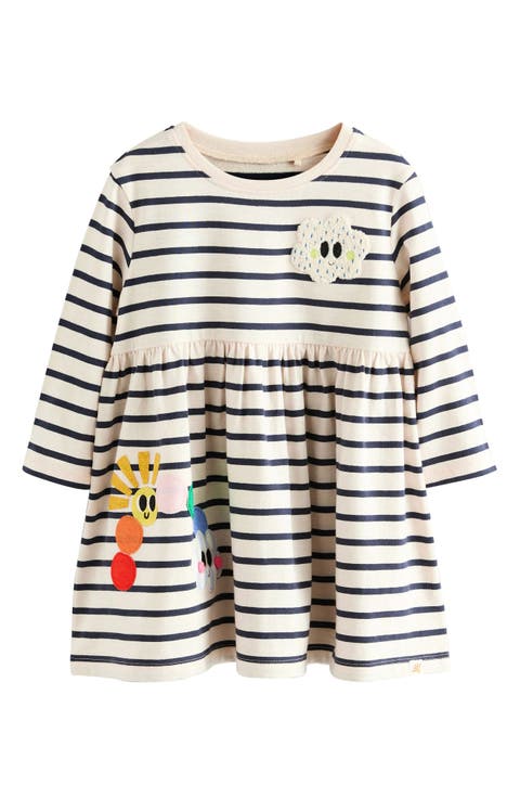 Kids' Appliqué Stripe Long Sleeve Cotton Dress (Baby, Toddler & Little Kid)