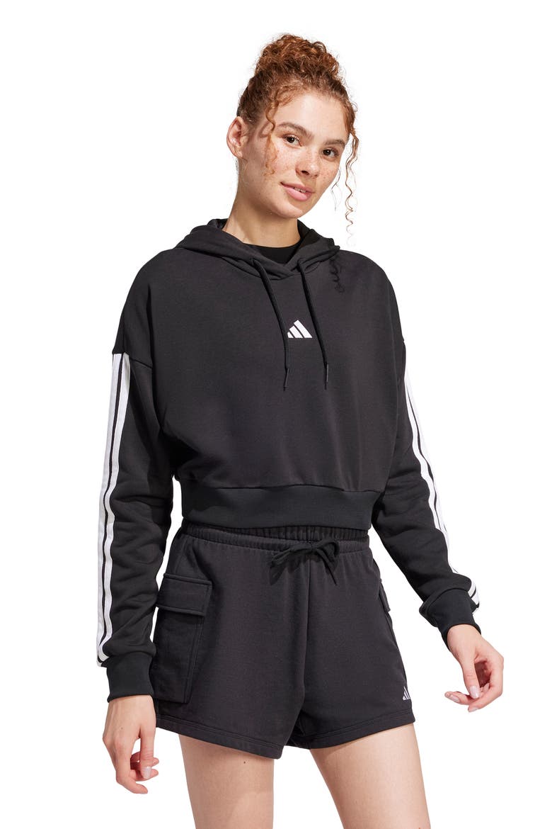 3-Stripes French Terry Crop Hoodie, Alternate, color, BLACK/ WHITE