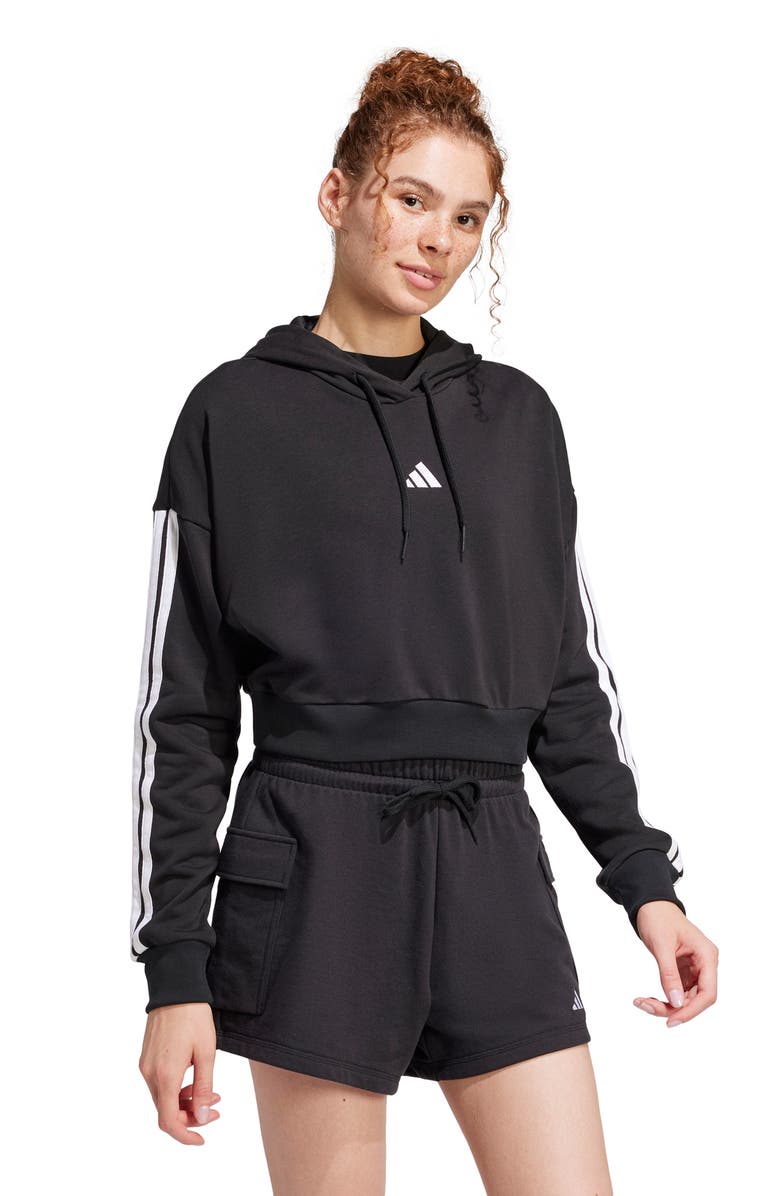 adidas 3-Stripes French Terry Crop Hoodie, Alternate, color, Black/ White
